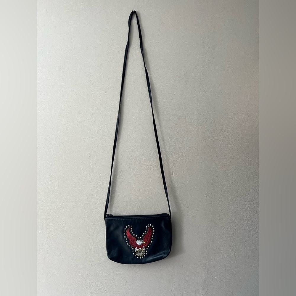 Harley Davidson vintage black leather crossbody bag eagle logo silver studs .